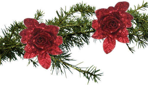 Shoppartners 2x Stuks Kerstboom Bloemen Op Clip Rode Glitter Roos 15 Cm - Kunstbloemen
