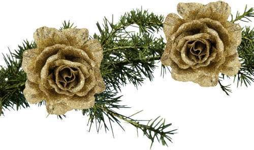 Shoppartners 2x Stuks Kerstboom Bloemen Roos Goud Glitter Op Clip 10 Cm - Kunstbloemen