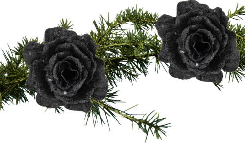 Shoppartners 2x Stuks Kerstboom Decoratie Bloemen Roos Zwart Glitter Op Clip 10 Cm - Kunstbloemen