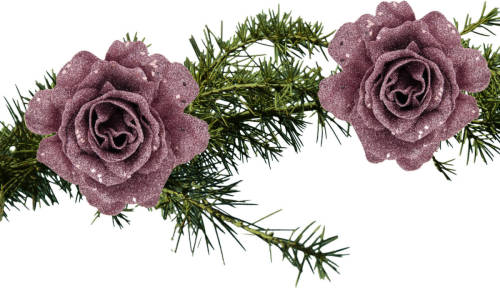 Shoppartners 2x Stuks Kerstboom Bloemen Roos Roze Glitter Op Clip 10 Cm - Kunstbloemen