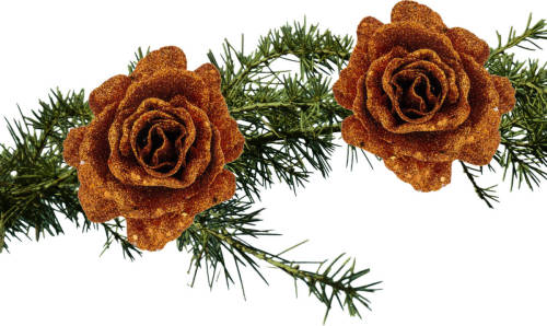 Shoppartners 2x Stuks Kerstboom Bloemen Roos Koper Glitter Op Clip 10 Cm - Kunstbloemen