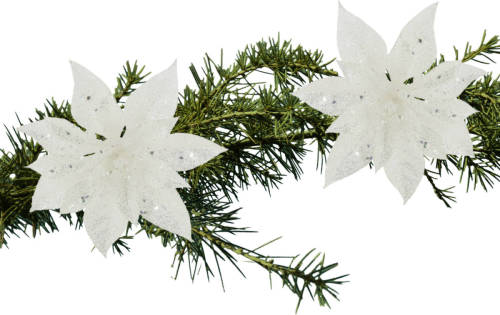 Shoppartners 2x Stuks Kerstboom Decoratie Bloemen Wit Glitter Op Clip 15 Cm - Kunstbloemen