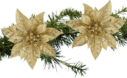 Shoppartners 2x Stuks Kerstboom Bloemen Kerstster Goud Glitter Op Clip 15 Cm - Kunstbloemen