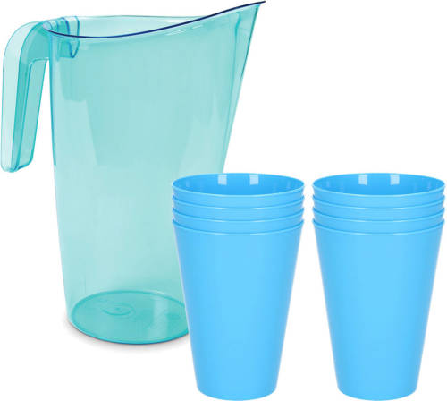 Hega Hogar 8x Kunststof Drinkbekers 430 Ml Met Schenkkan Set Blauw Van 1.75 Liter - Schenkkannen