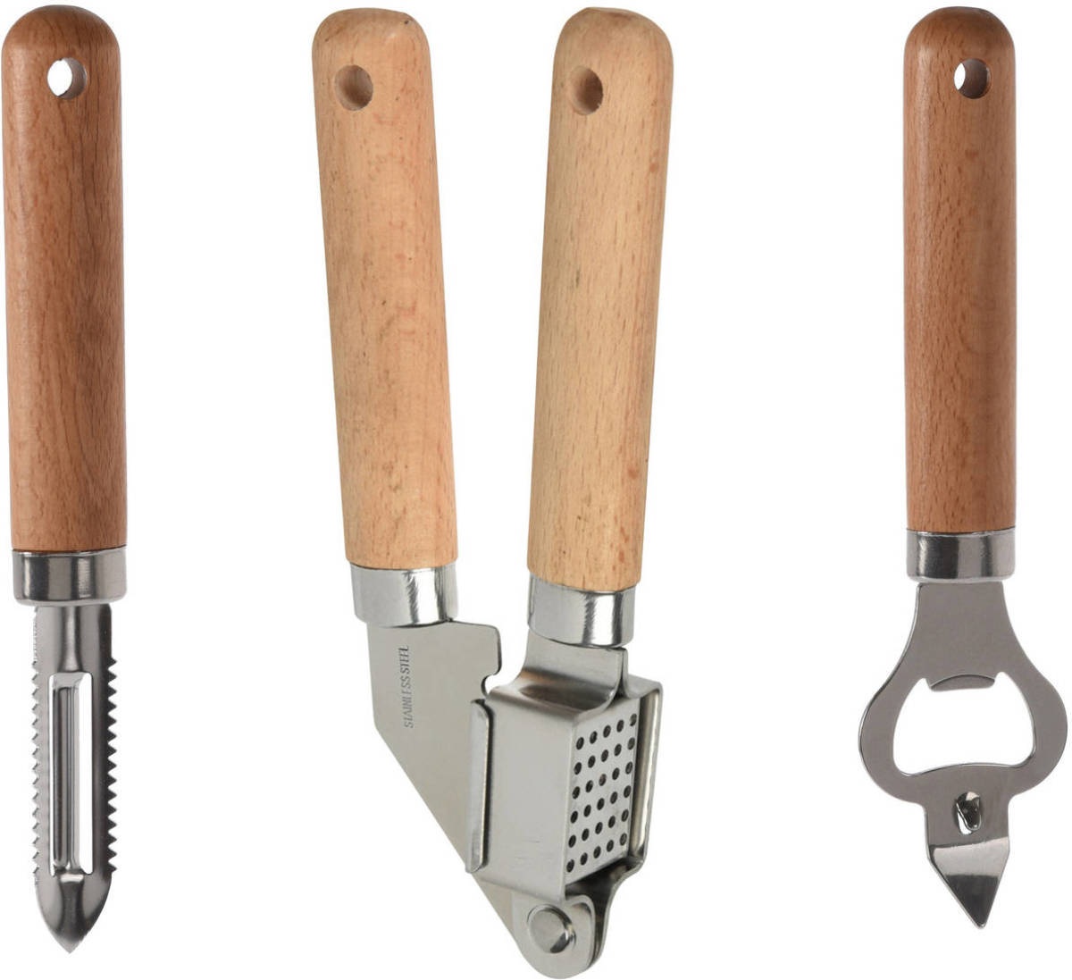 Excellent Houseware 3-delige Keukengerei Set - Opener/knoflookpers/schilmes - Knoflookpersen
