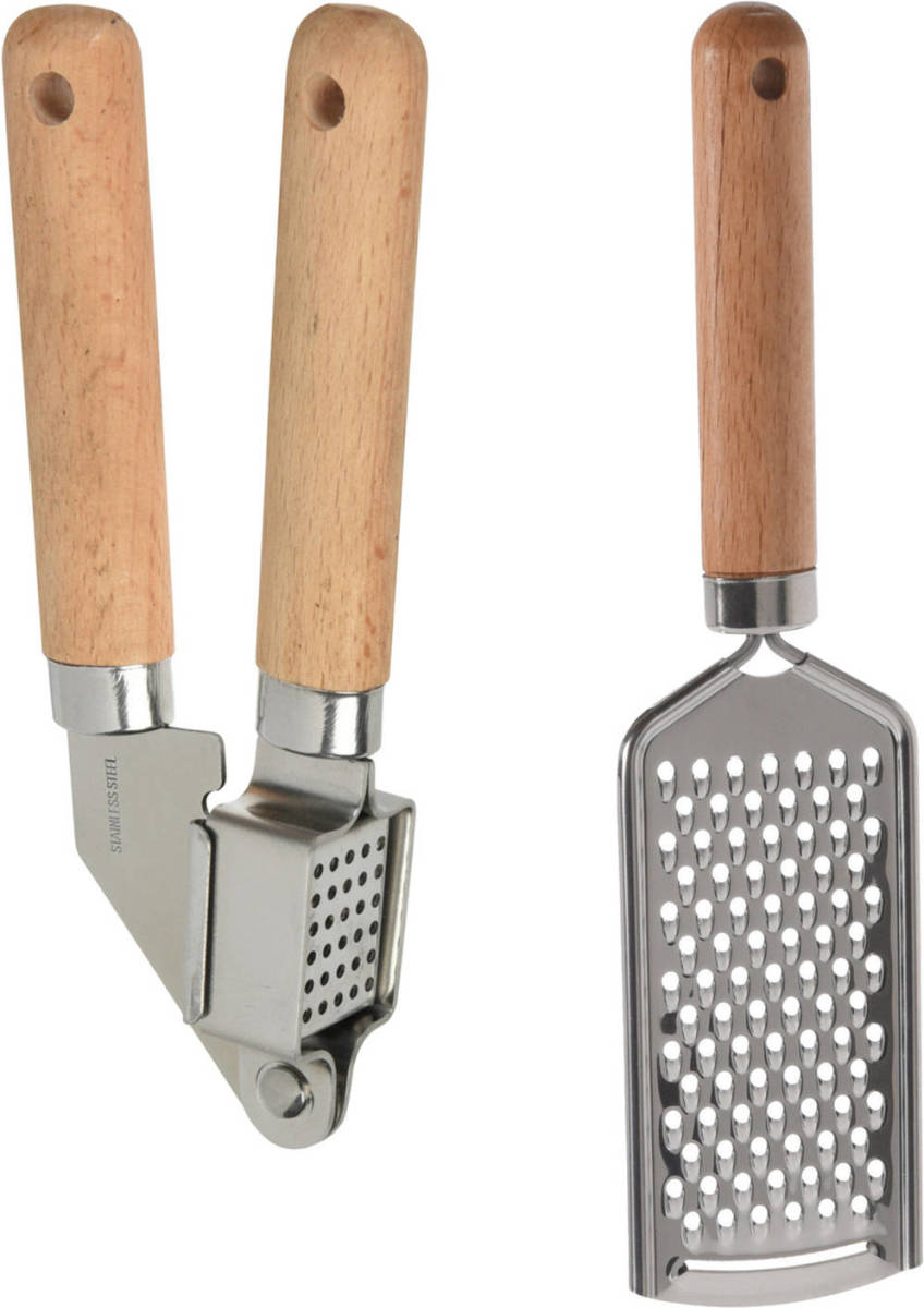 Excellent Houseware 2-delige Keukengerei Set - Knoflookpers 16 Cm/handrasp 22 Cm - Knoflookpersen