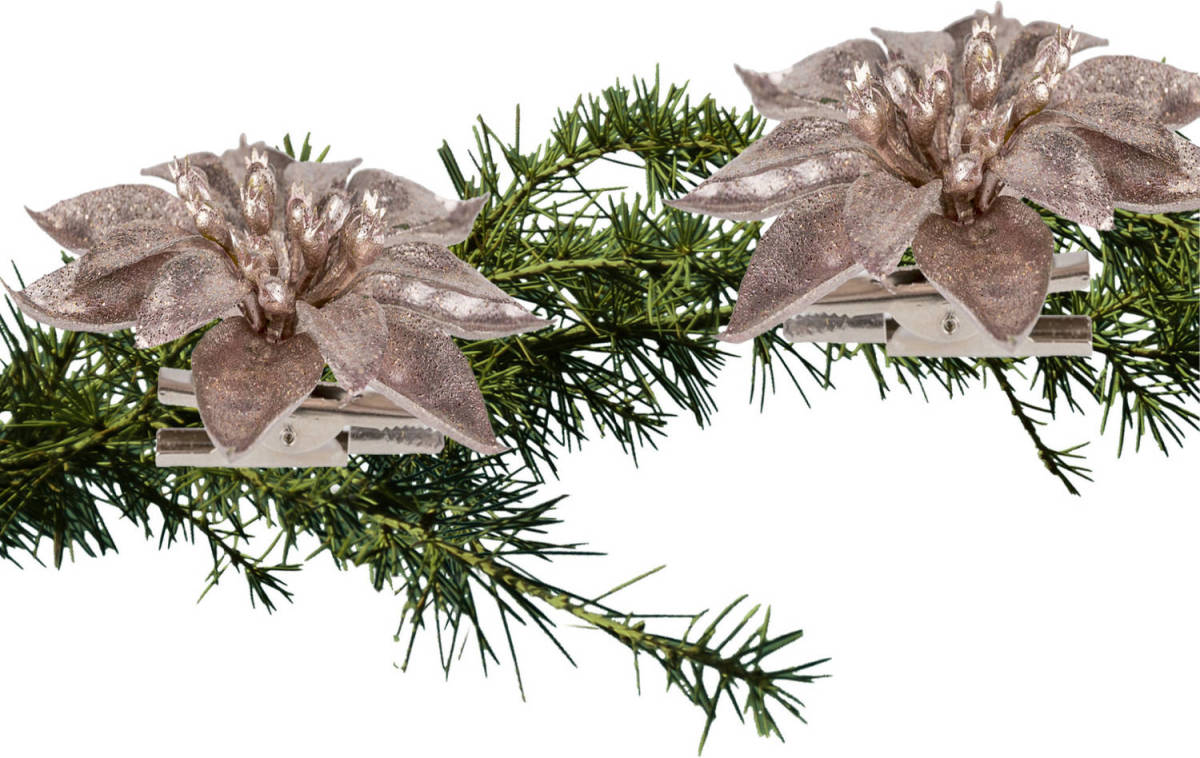 Shoppartners 2x Stuks Kerstboom Bloemen Kerstster Roze Glitter Op Clip 9 Cm - Kunstbloemen