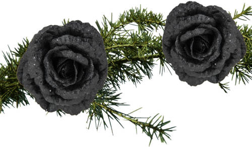 Shoppartners 2x Stuks Kerstboom Bloemen Op Clip Zwart Glitter 18 Cm - Kunstbloemen
