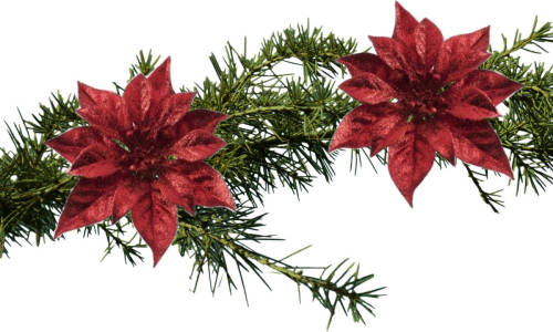Shoppartners 2x Stuks Kerstboomversiering Bloemen Op Clip Rode Kerstster 18 Cm - Kunstbloemen