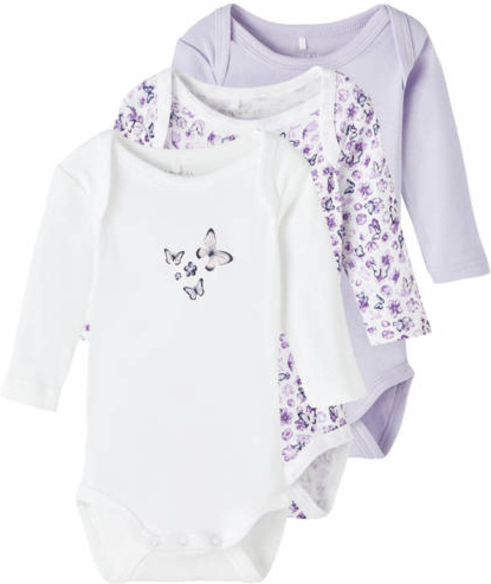 NAME IT BABY romper NBFBODY - set van 3 met all over print paars/wit