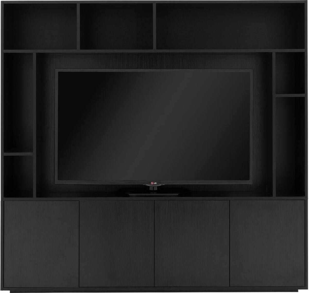 Goossens Basic Tv Meubel Madrid, 4 deuren 7 open vakken 1 tv paneel, zwart melamine, 184 x 176 x 45 cm, elegant chic