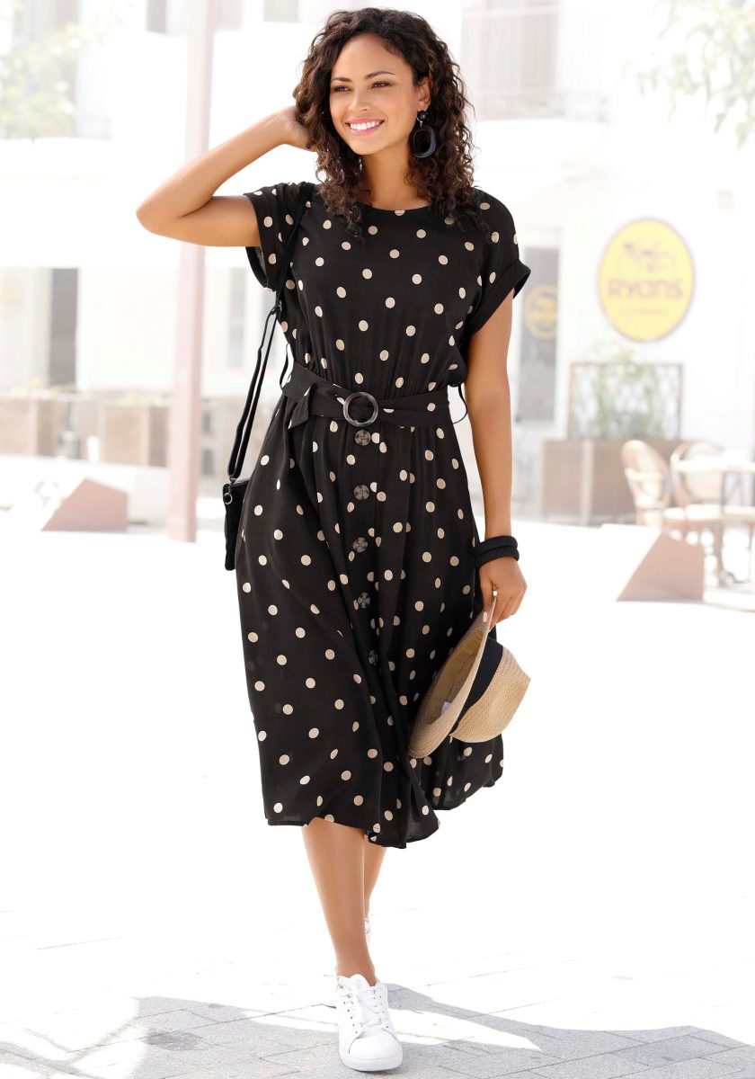 Lascana Midi-jurk met stippenprint (Met riem)