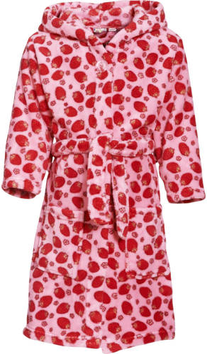 Playshoes fleece badjas Strawberries met aardbei dessin roze/rood