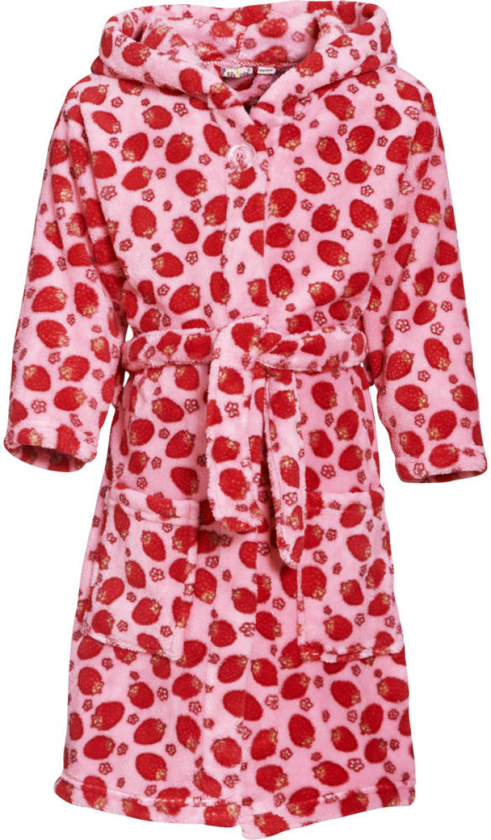 Playshoes fleece badjas Strawberries met aardbei dessin roze/rood