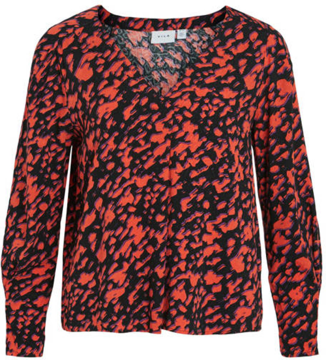 VILA geweven top VILOTTA met all over print en plooien zwart/rood/paars