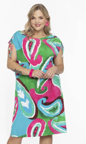 Yoek jurk DOLCE van travelstof met paisleyprint groen/roze/blauw