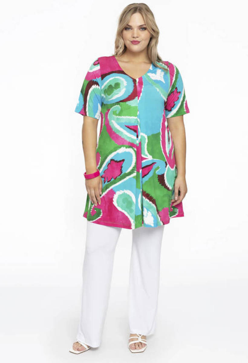 Yoek tuniek DOLCE van travelstof met all over print roze/blauw/groen