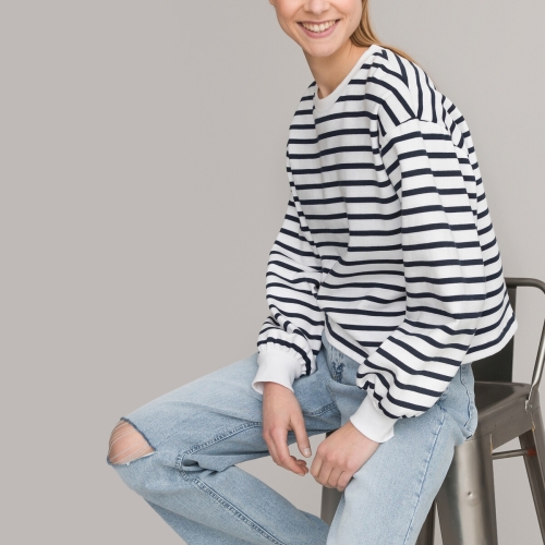 La Redoute Collections Gestreepte sweater met ronde hals, in molton, 10-18 jaar