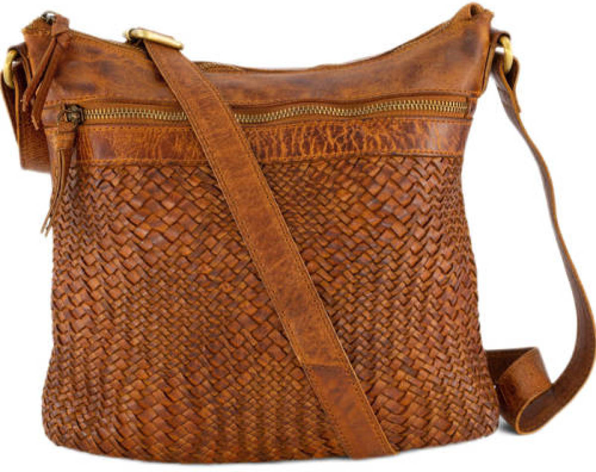 5th Avenue leren schoudertas met gevlochten details cognac