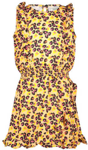 Cars jurk Daphne met all over print en ruches geel/bruin