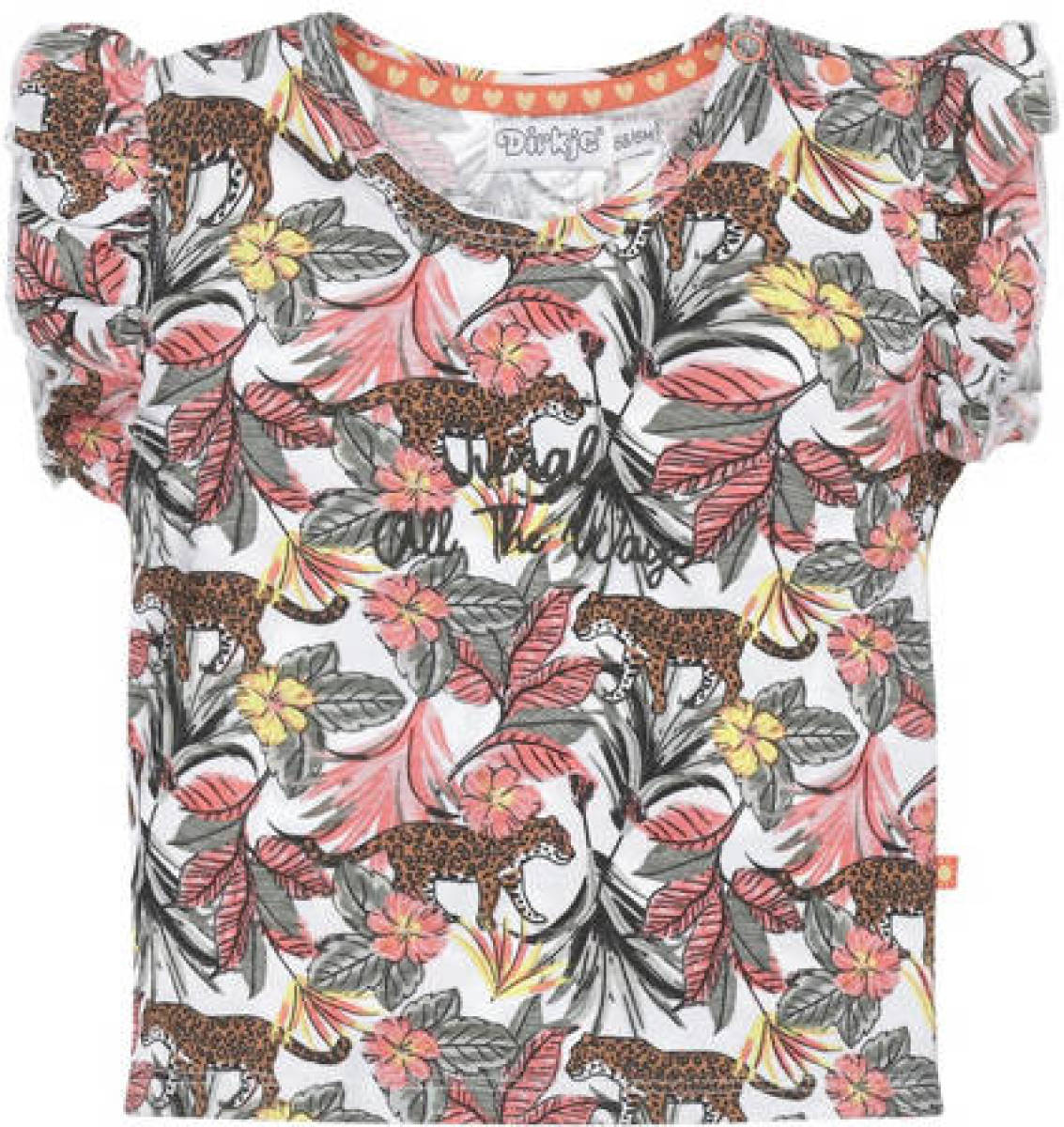 Dirkje T-shirt met all over print en ruches multi