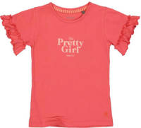 Quapi T-shirt met tekst en ruches donkerroze