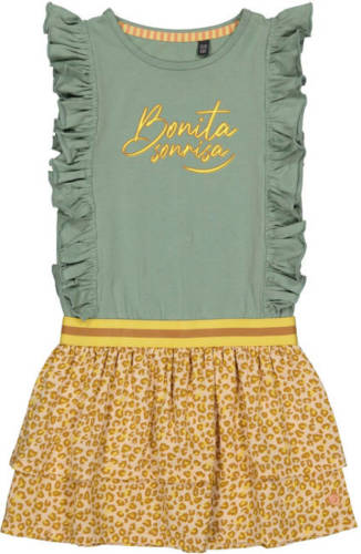 Quapi jurk QTALYSA met all over print en ruches groen/geel