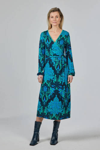 Didi jurk Tiara met all over print en ceintuur blauw/groen