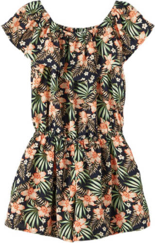 NAME IT KIDS gebloemde jumpsuit NKFVINAYA van gerecycled polyester donkerblauw/zalm/groen