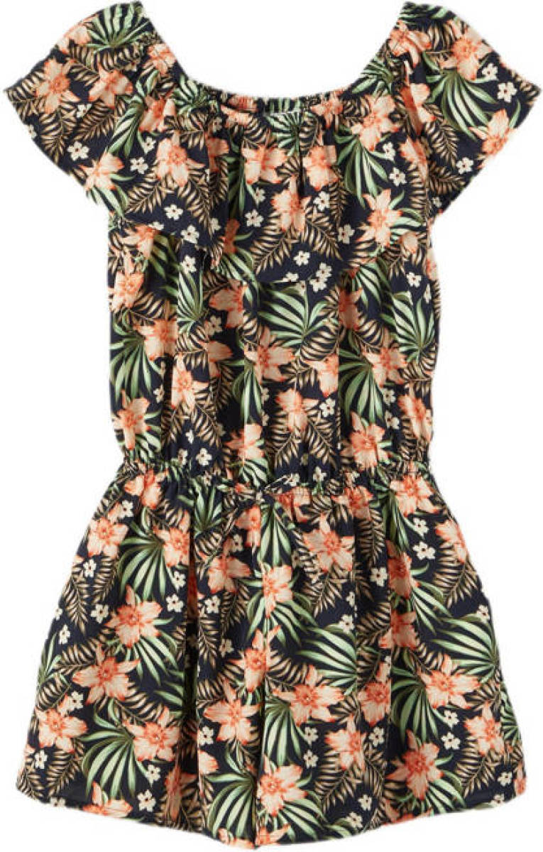 NAME IT KIDS gebloemde jumpsuit NKFVINAYA van gerecycled polyester donkerblauw/zalm/groen