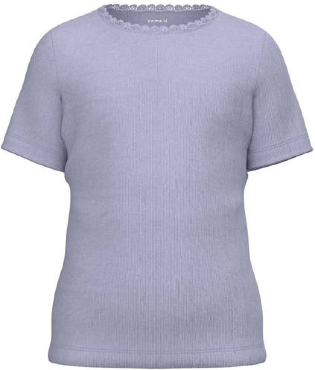 NAME IT KIDS ribgebreid T-shirt NKFKAB met kant lichtblauw