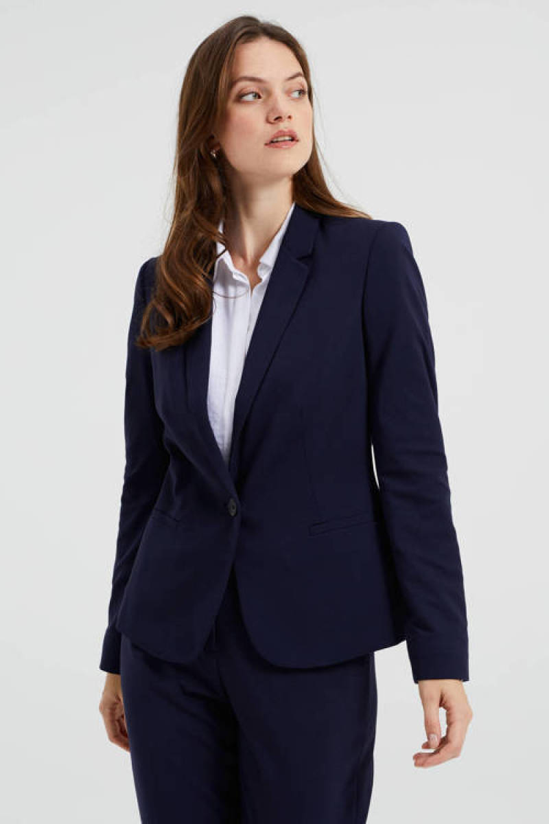 WE Fashion jersey getailleerde Liz blazer met stretch donkerblauw