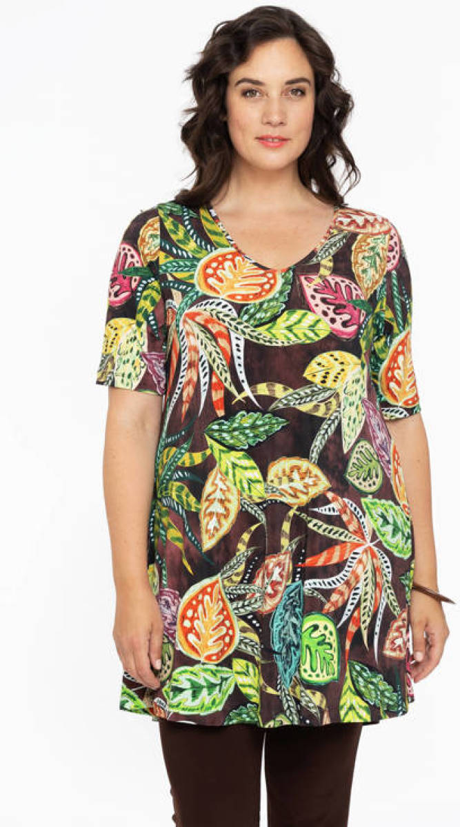 Yoek tuniek DOLCE van travelstof met all over print bruin/geel/groen