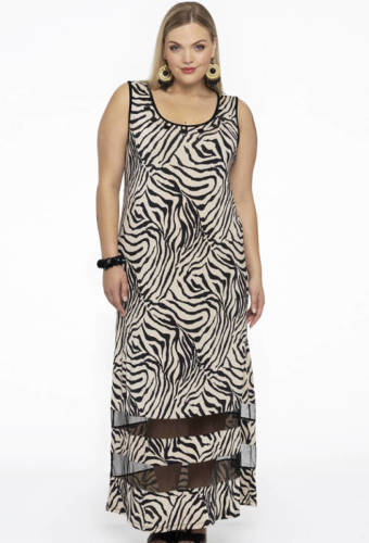 Yoek maxi A-lijn jurk DOLCE van travelstof met dierenprint ecru/zwart