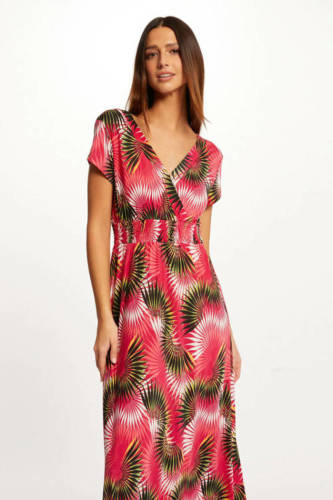 Morgan maxi jurk met bladprint en plooien roze/ groen