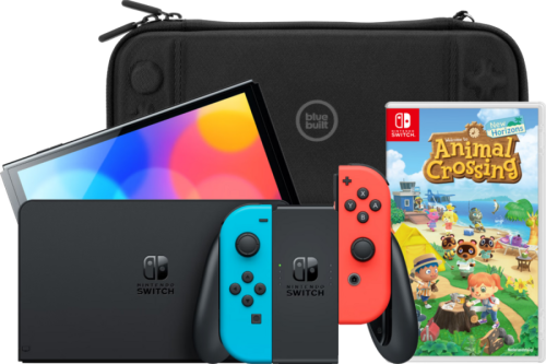 Nintendo Switch OLED Blauw/Rood + Animal Crossing New Horizons + Bluebuilt Travel Case