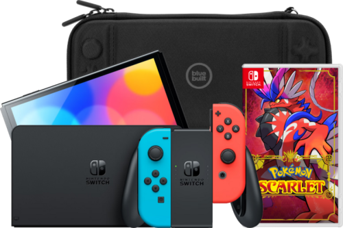 Nintendo Switch OLED Blauw/Rood + Pokémon Scarlet + Bluebuilt Travel Case