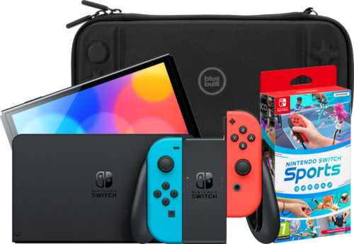 Nintendo Switch OLED Blauw/Rood + Nintendo Switch Sports + Bluebuilt Travel Case
