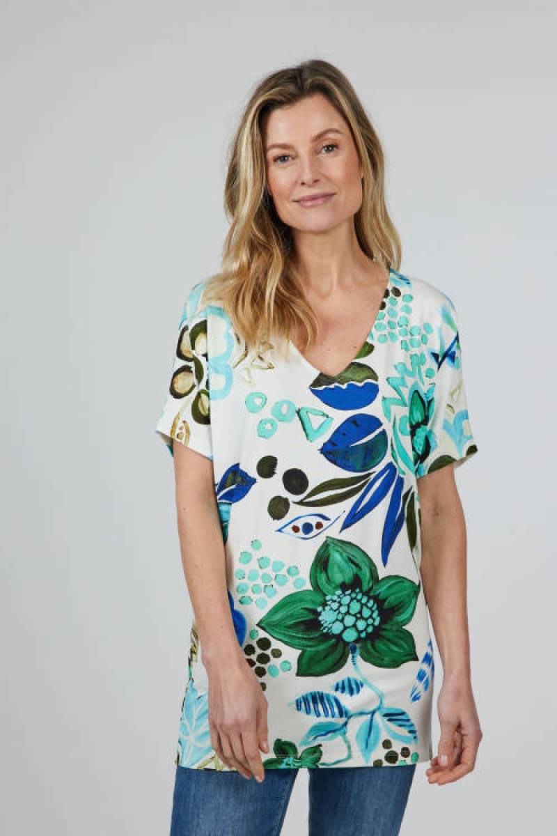 Didi T-shirt Faye met all over print wit/blauw/groen