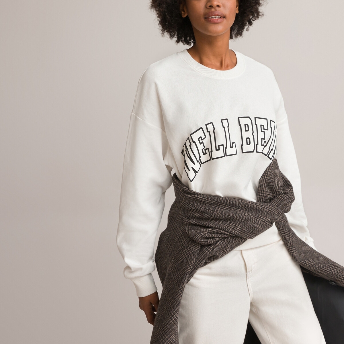La Redoute Collections Sweater met ronde hals en print vooraan, fijn tricot