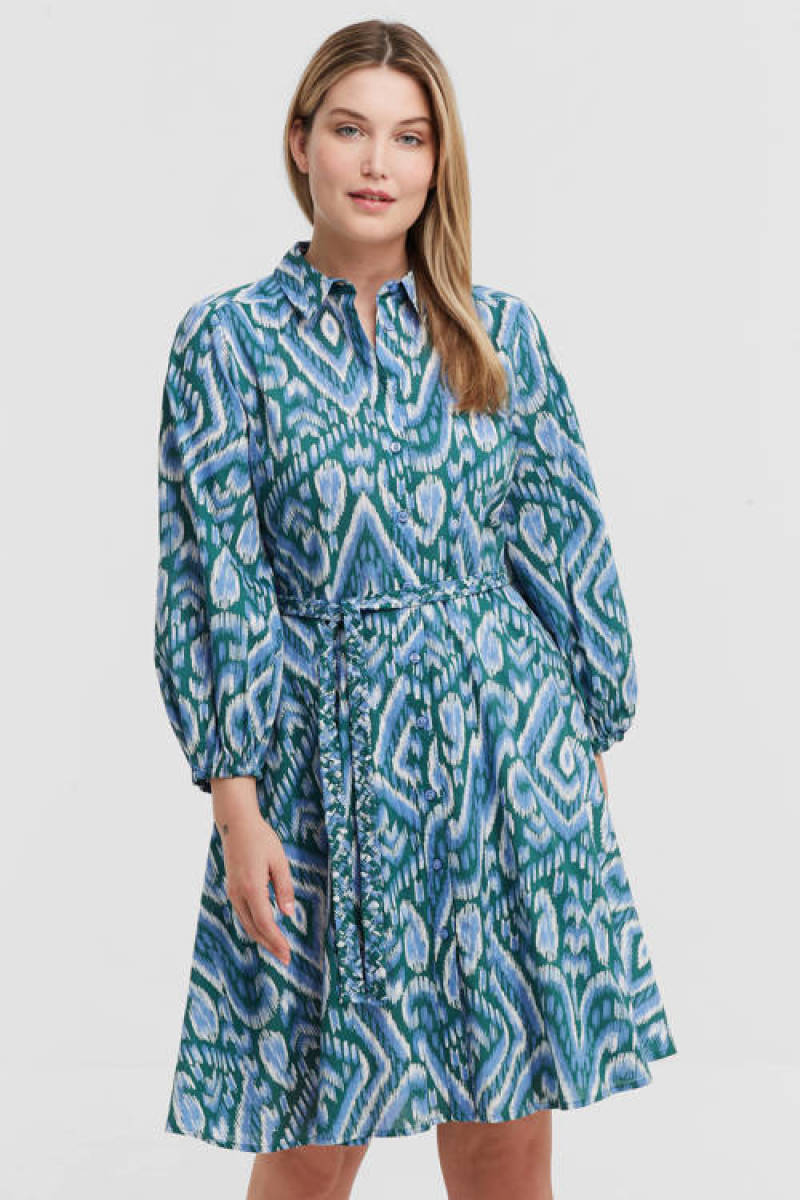 Miljuschka by Wehkamp blousejurk geometrische print met riem blauw/groen
