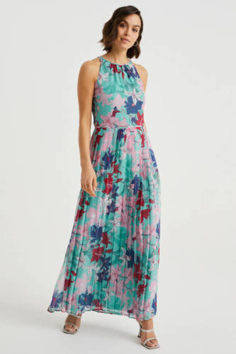 WE Fashion gebloemde halter maxi jurk blauw/rood