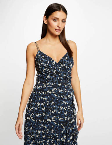 Morgan semi-transparante jurk met all over print en ruches blauw/ zwart