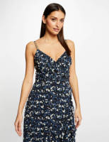 Morgan semi-transparante jurk met all over print en ruches blauw/ zwart