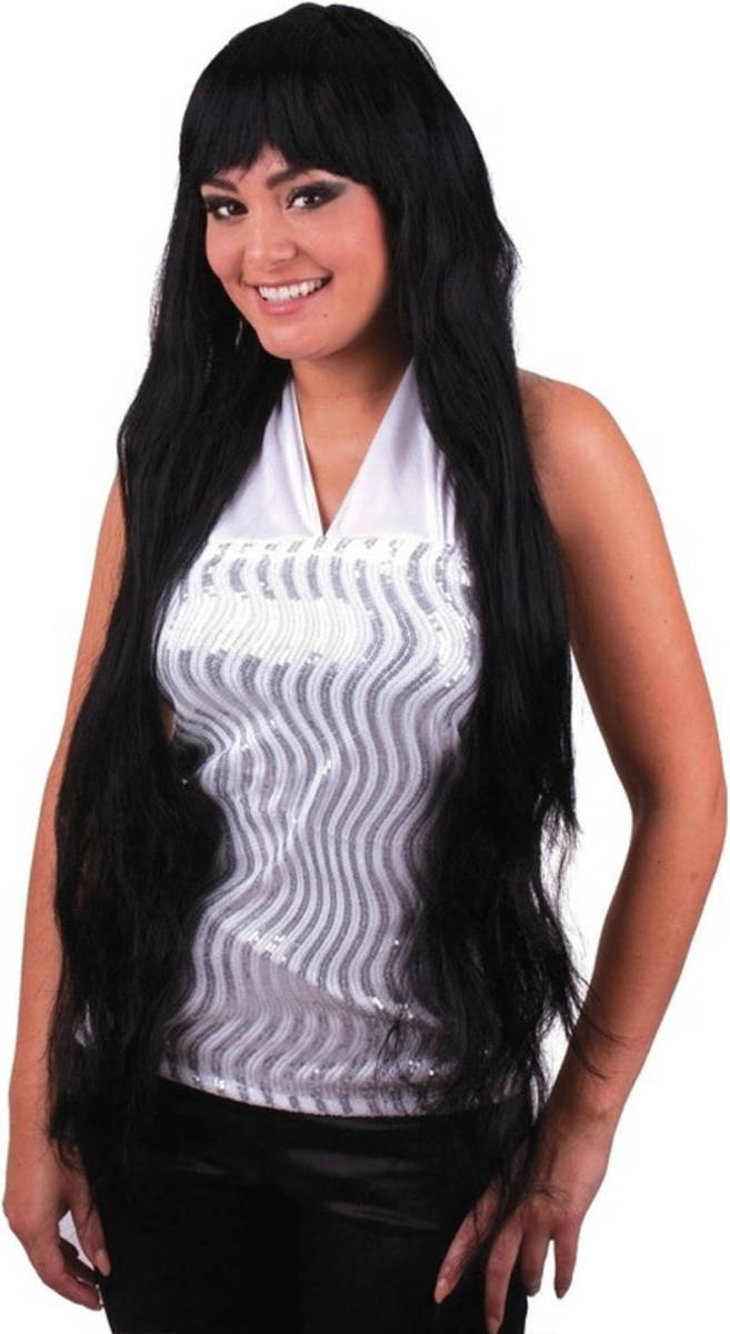 Funny Fashion Halloween Damespruik Lang Zwart Steil Haar Met Pony - Verkleedpruiken