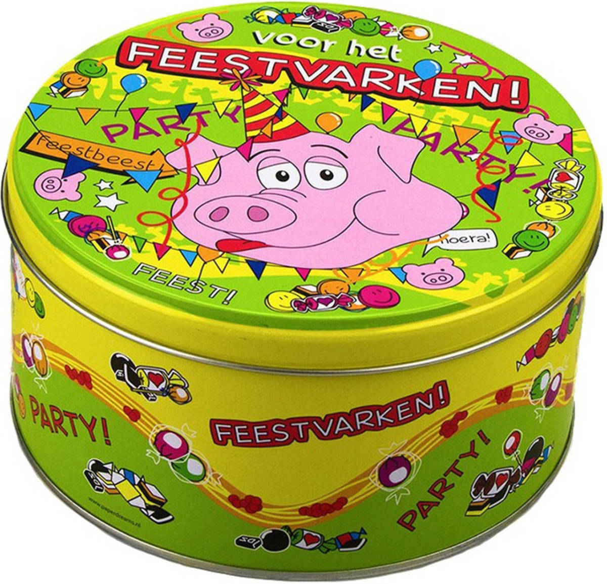 Paperdream Feestvarken Snoeptrommel/koektrommel Met Fun Tekst 14 X 7,5 Cm - Cadeau Blikken