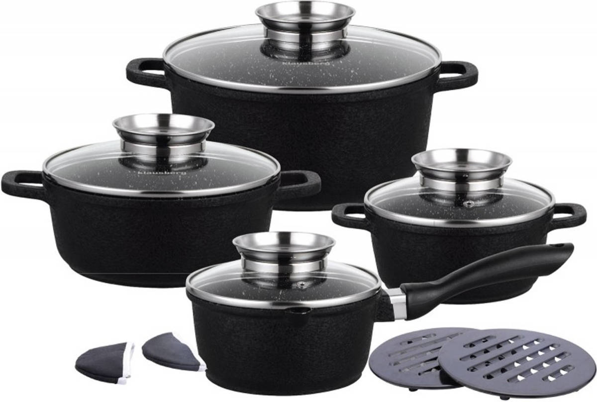 Klausberg 7360 - Pannenset 12 Delig - Zwart - Marmer Coating