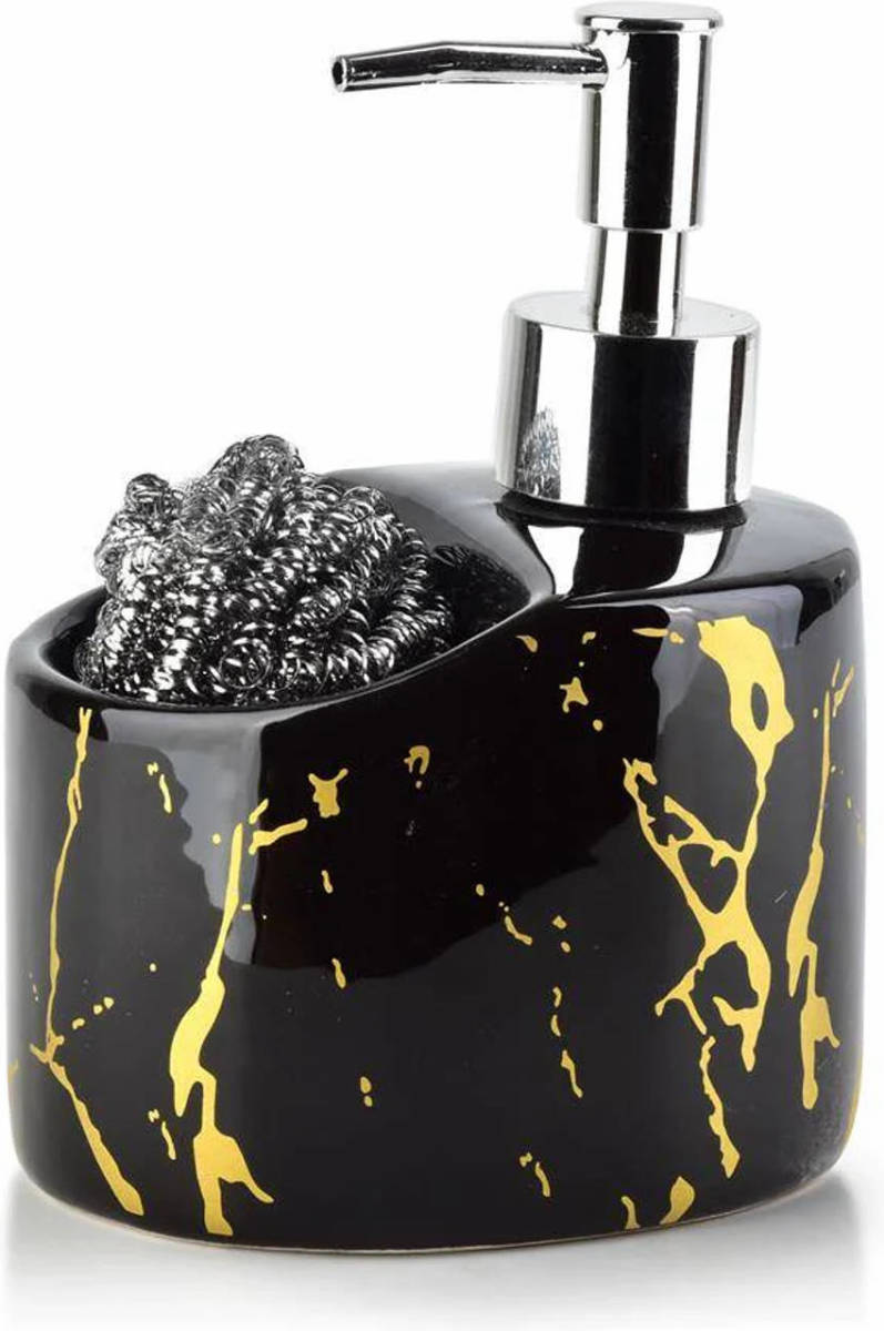 Affekdesign Cristie Zeepdispenser / Zeeppompje Keramiek - Marmer Look - 9 X 11 X 15 Cm - Zwart / Goud