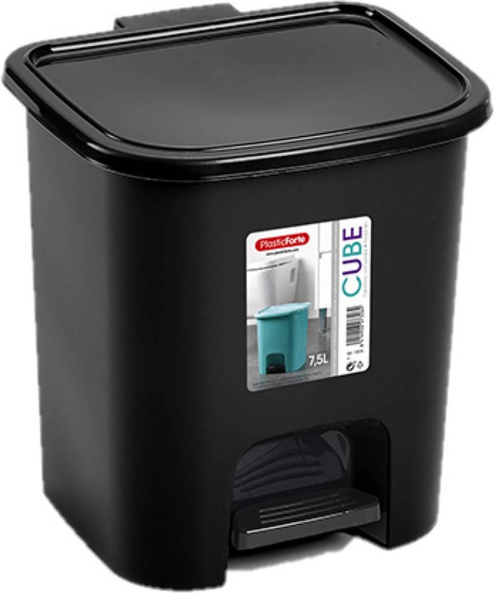 Forte Plastics Kunststof Afvalemmers/vuilnisemmers Zwart 7.5 Liter Met Pedaal - Prullenbakken