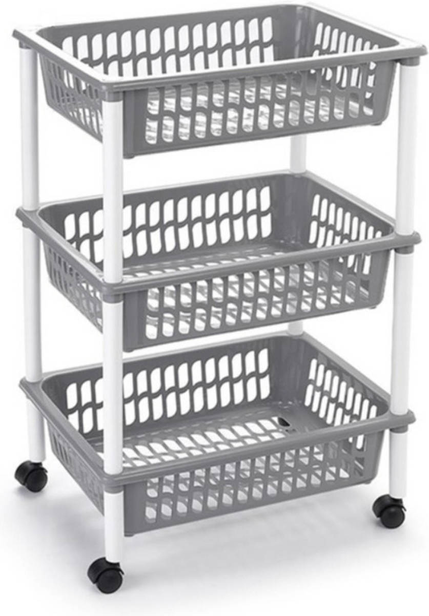 Forte Plastics Opberg Trolley/roltafel/organizer Met 3 Manden 40 X 30 X 61,5 Cm Wit/lichtgrijs - Opberg Trolley